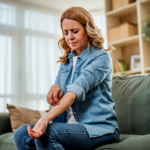 Woman sitting on a couch scratching her itchy forearm, wincing in discomfort