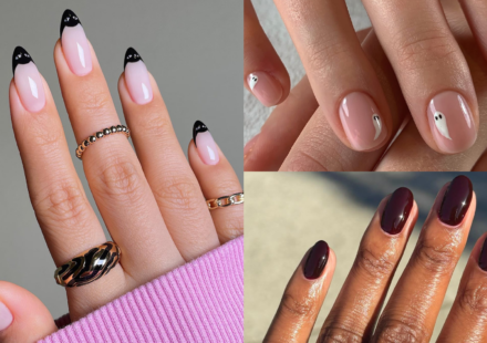 Collage of three minimalist Halloween manicures: black cat-eye French tips, tiny white ghosts on nude nails and glossy oxblood.